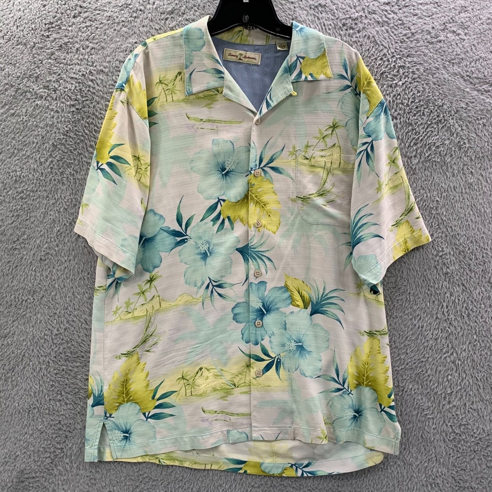TOMMY BAHAMA Hawaiian Shirt Mens Size Large Button Up Silk Blue White